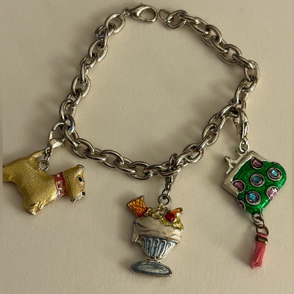 Other - Charm Bracelet: enamel Scottie Dog, Purse w tassel, Ice Cream Sundae,  7”, clasp